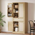 Kitchen Pantry Cabine, Rattan Doors Freestanding Cupboard Storage Cabinet with Drawer, Adjustable Shelves for Dining Room Living Room Home Officee