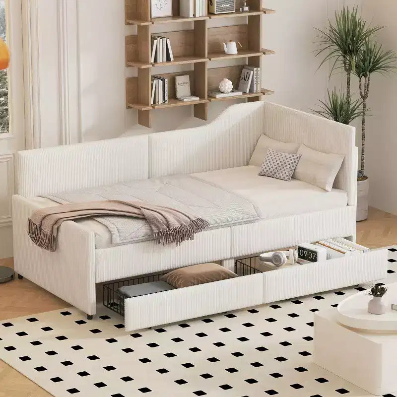 Twin Size L-Shaped Upholstered Daybed with 2 Storage Drawers, Modern Corduroy Wooden Corner Sofa Bed Frame for Bedroom, Guestroom