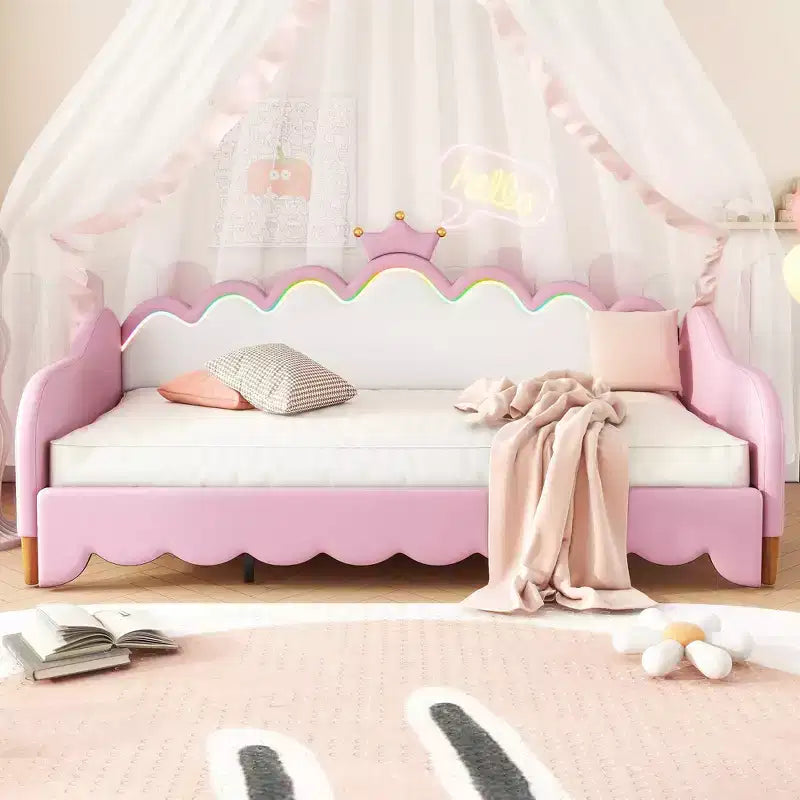 Divano letto estensibile imbottito a corona rosa/bianco, da una piazza a matrimoniale, per 1-2 persone