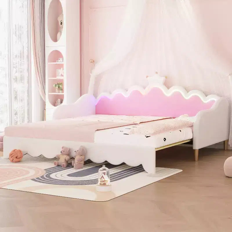 Divano letto estensibile imbottito a corona rosa/bianco, da una piazza a matrimoniale, per 1-2 persone