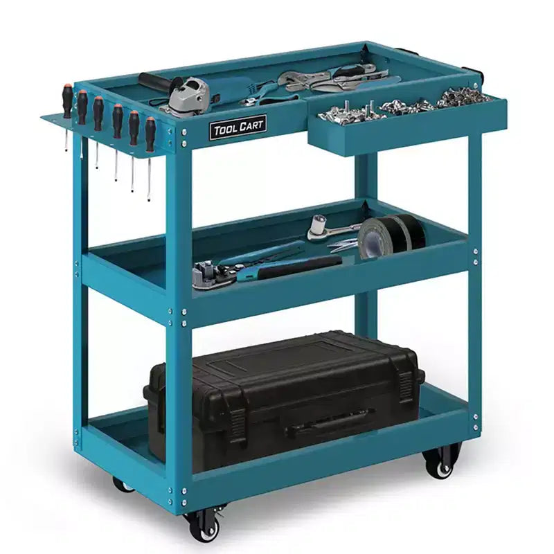 LDHTHOPI 3 Tier Metal Rolling Tool Cart Blue Heavy Duty Utility Cart 330 lbs Capacity with Lockable Drawer Wheels for Garage Workshop