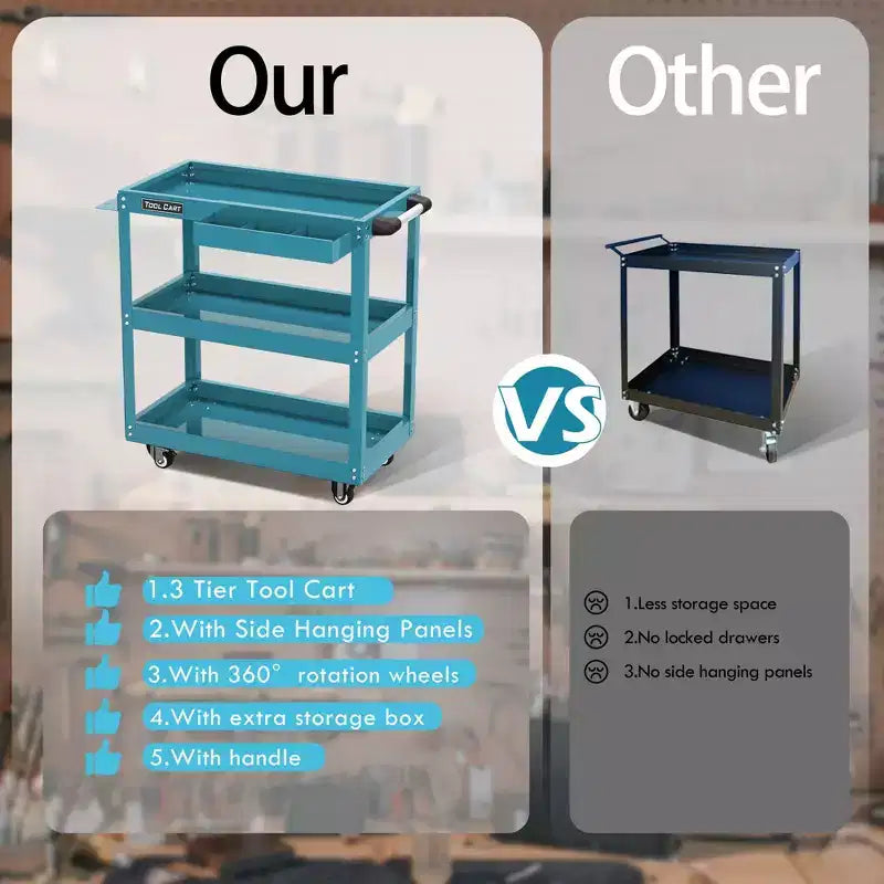 Carrello portautensili blu a 3 ripiani con cassetto bloccabile, per 1 utente