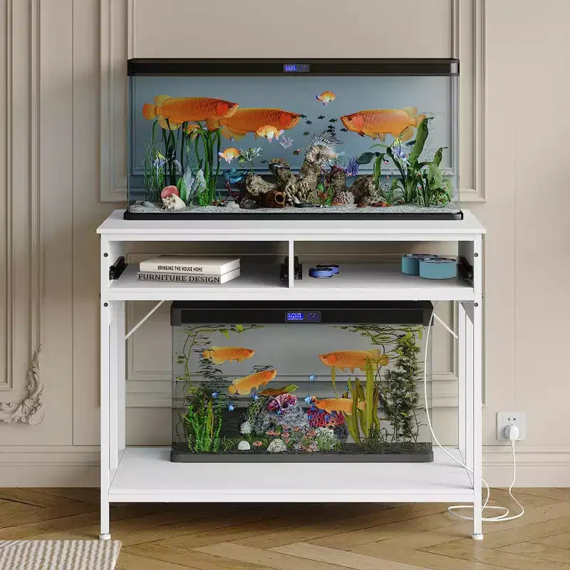 Supporto per acquario in metallo bianco/nero con prese e cassetti, 40-50 galloni