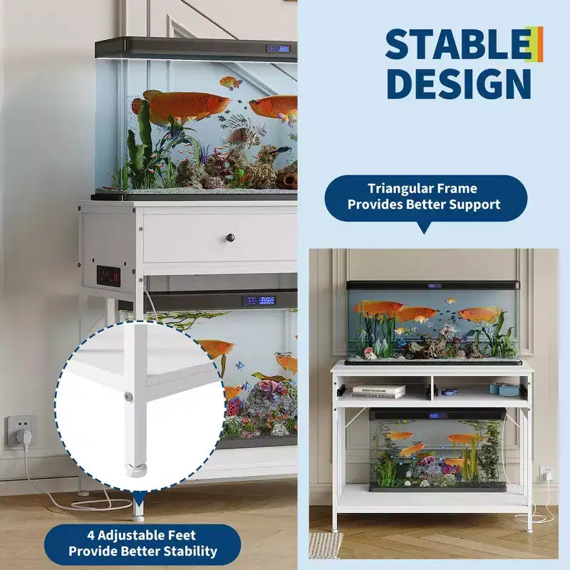 Supporto per acquario in metallo bianco/nero con prese e cassetti, 40-50 galloni