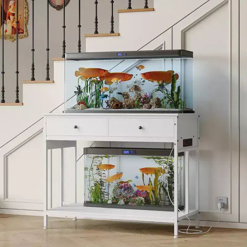 Supporto per acquario in metallo bianco/nero con prese e cassetti, 40-50 galloni