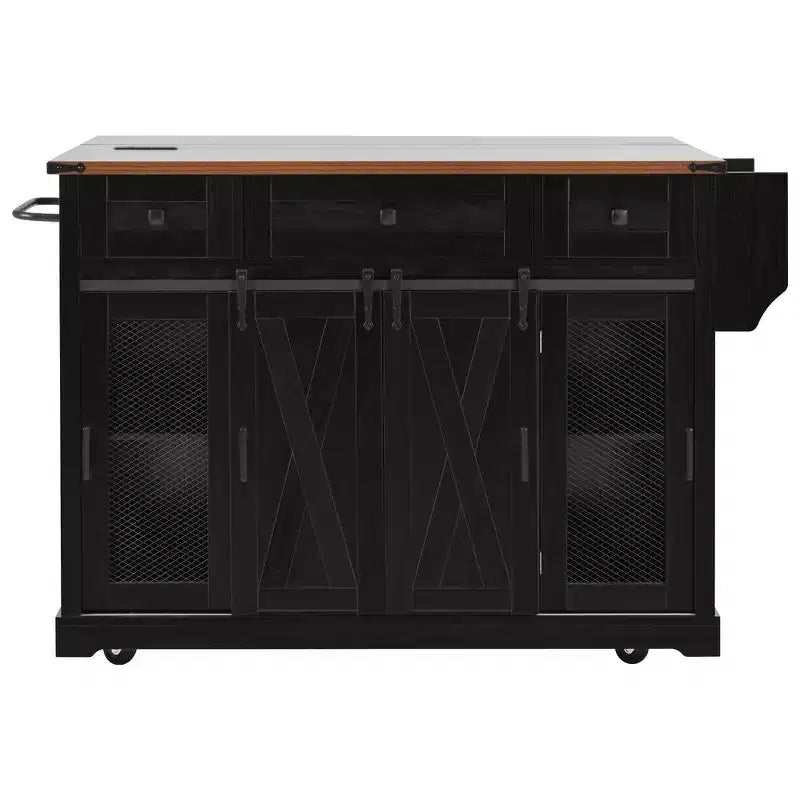 Isola Cucina Stile Rustico Bianco/Nero con Anta Scorrevole a Granaio, Anta Griglia in Metallo e Porta Spezie, 1 Persona