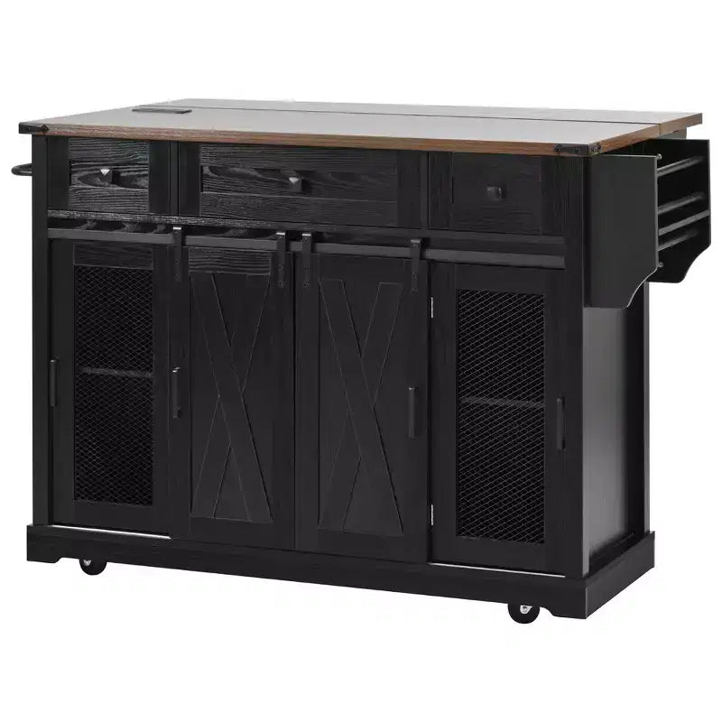 Isola Cucina Stile Rustico Bianco/Nero con Anta Scorrevole a Granaio, Anta Griglia in Metallo e Porta Spezie, 1 Persona