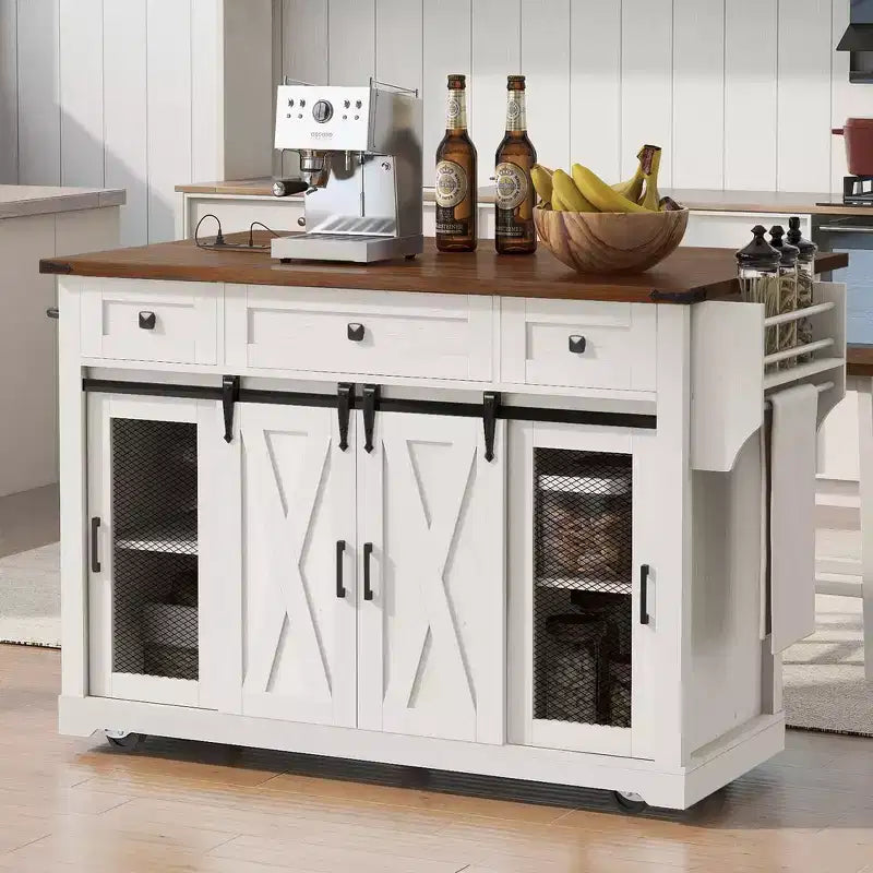 Isola Cucina Stile Rustico Bianco/Nero con Anta Scorrevole a Granaio, Anta Griglia in Metallo e Porta Spezie, 1 Persona