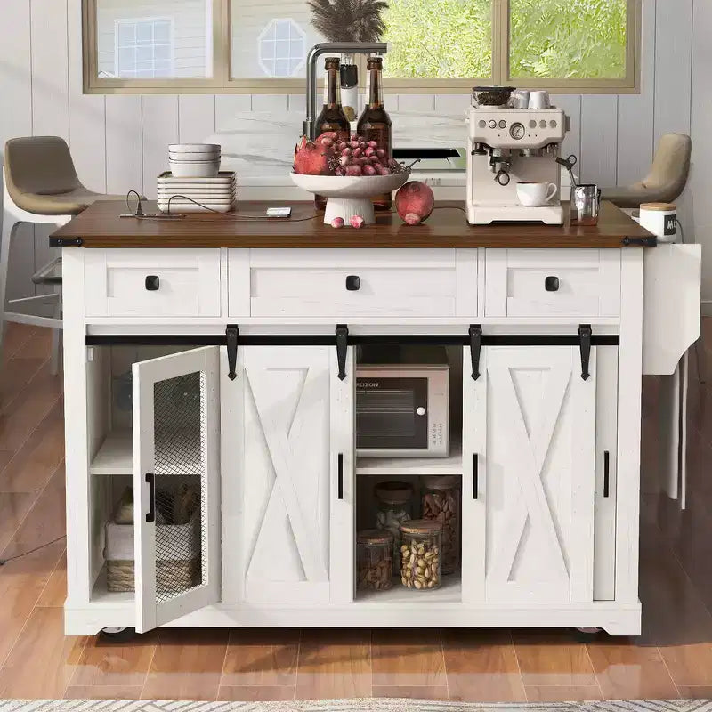 Isola Cucina Stile Rustico Bianco/Nero con Anta Scorrevole a Granaio, Anta Griglia in Metallo e Porta Spezie, 1 Persona