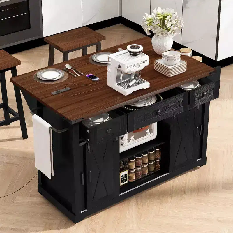 Isola Cucina Stile Rustico Bianco/Nero con Anta Scorrevole a Granaio, Anta Griglia in Metallo e Porta Spezie, 1 Persona
