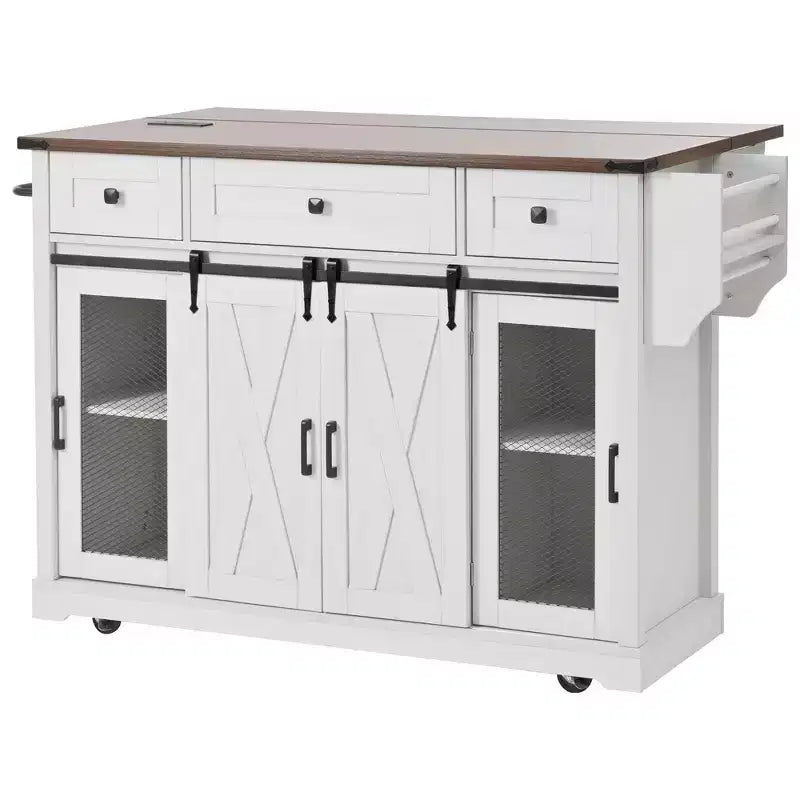 Isola Cucina Stile Rustico Bianco/Nero con Anta Scorrevole a Granaio, Anta Griglia in Metallo e Porta Spezie, 1 Persona