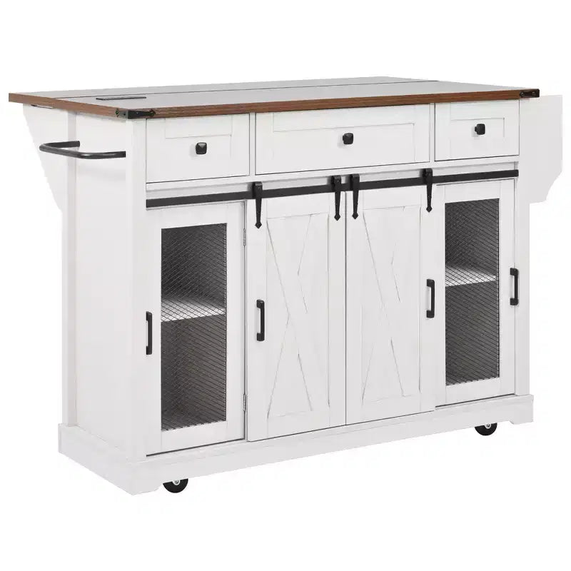 Isola Cucina Stile Rustico Bianco/Nero con Anta Scorrevole a Granaio, Anta Griglia in Metallo e Porta Spezie, 1 Persona