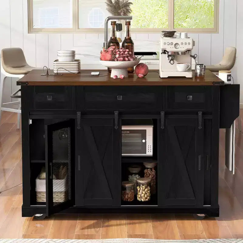 Isola Cucina Stile Rustico Bianco/Nero con Anta Scorrevole a Granaio, Anta Griglia in Metallo e Porta Spezie, 1 Persona
