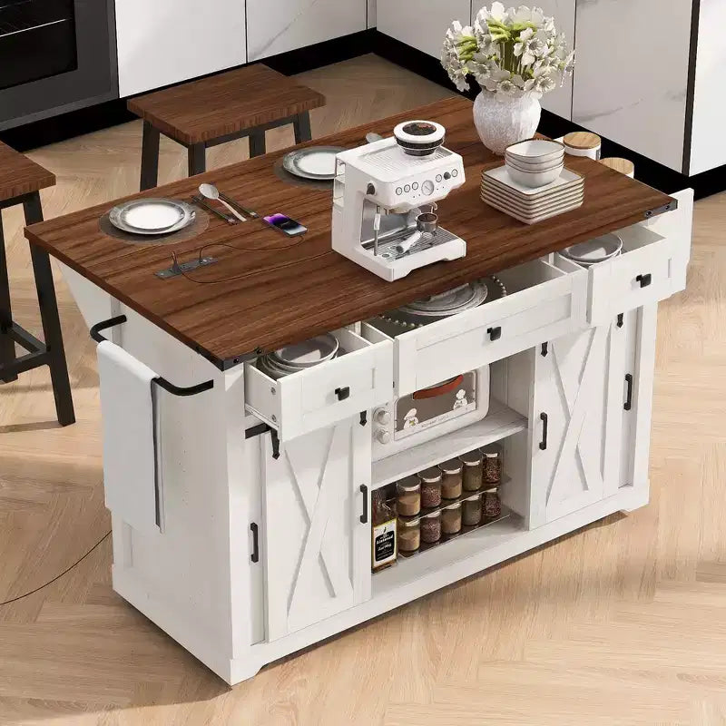 Isola Cucina Stile Rustico Bianco/Nero con Anta Scorrevole a Granaio, Anta Griglia in Metallo e Porta Spezie, 1 Persona