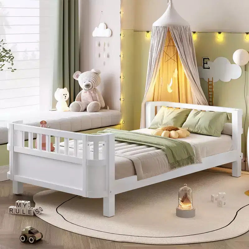 Bellemave Twin Kids Platform Bed with Detachable Safety Guardrail, Rounded Corners, Sturdy Wood Frame, Open Side Design, Easy Assembly, White