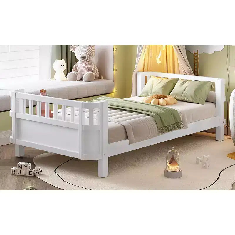 Letto a piattaforma singolo bianco per bambini con spondina di sicurezza rimovibile, per 1 bambino