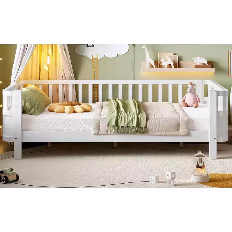 Letto a piattaforma singolo bianco per bambini con spondina di sicurezza rimovibile, per 1 bambino