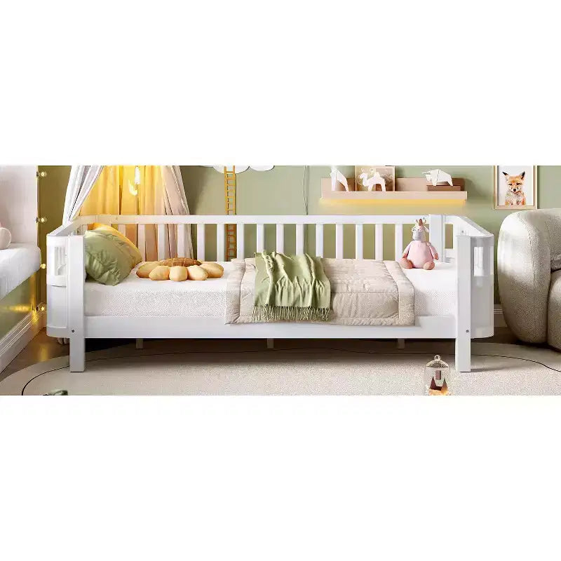 Letto a piattaforma singolo bianco per bambini con spondina di sicurezza rimovibile, per 1 bambino