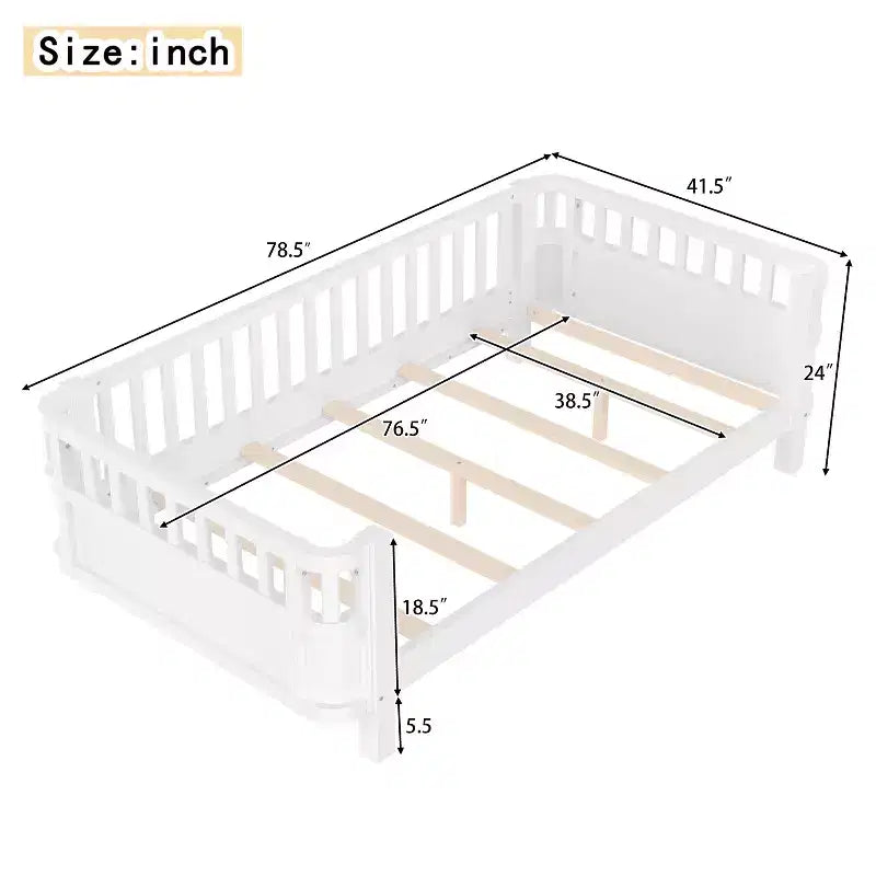 Letto a piattaforma singolo bianco per bambini con spondina di sicurezza rimovibile, per 1 bambino