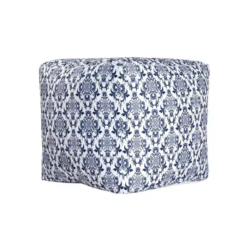 HomeRoots 18 Blue and White Upholstered Floral Pouf Ottoman