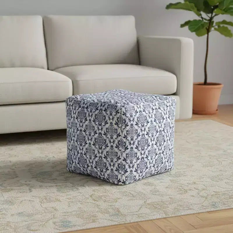 Pouf ottomano quadrato floreale blu e bianco – Poggiapiedi/seduta per 1 persona