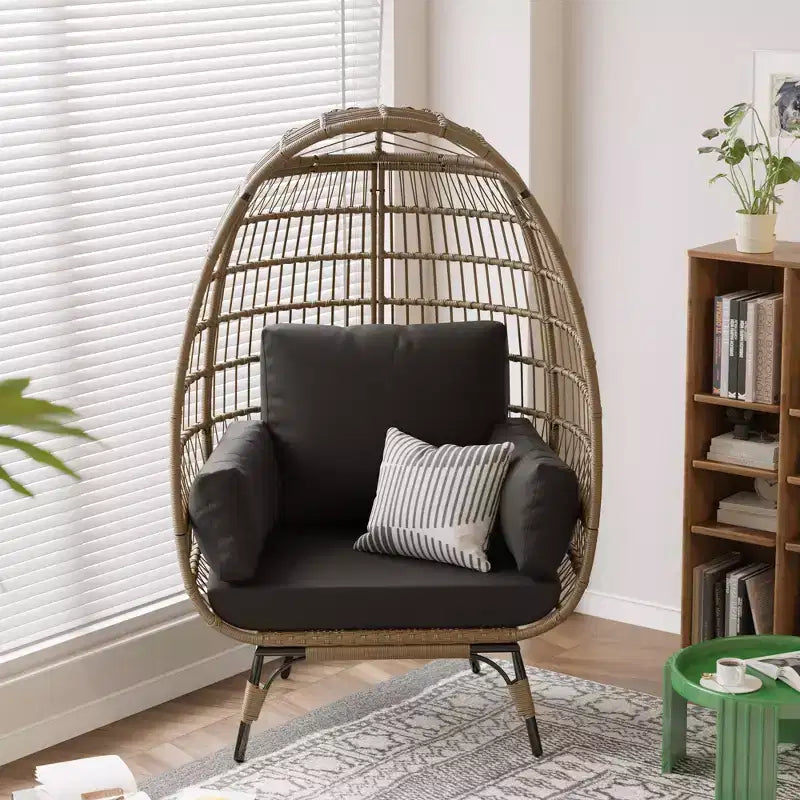 Sedia a Uovo in Rattan Marrone con Telaio in Acciaio Nero, Poltrona Lounge in Vimini per 2 Persone per Interni/Esterni