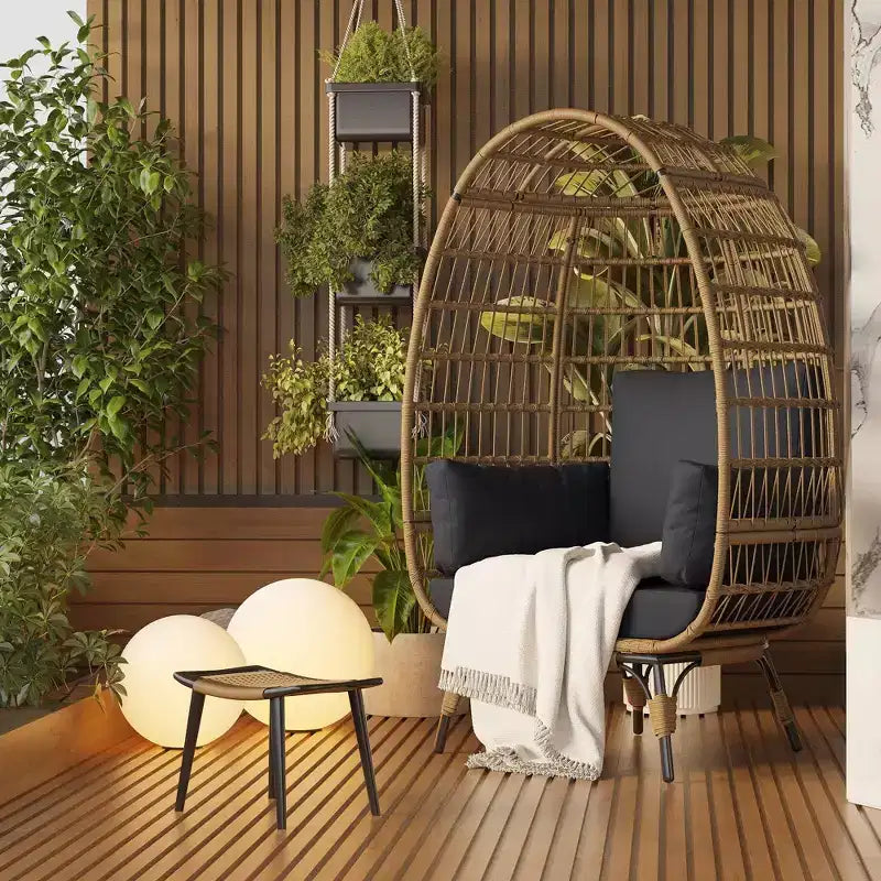 Sedia a Uovo in Rattan Marrone con Telaio in Acciaio Nero, Poltrona Lounge in Vimini per 2 Persone per Interni/Esterni