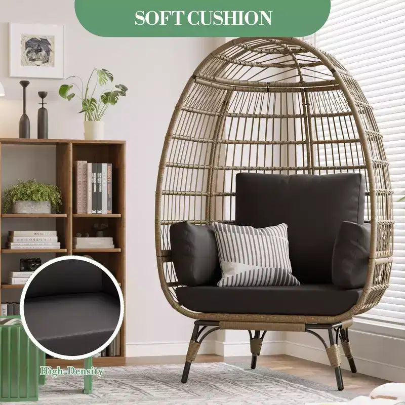 Sedia a Uovo in Rattan Marrone con Telaio in Acciaio Nero, Poltrona Lounge in Vimini per 2 Persone per Interni/Esterni