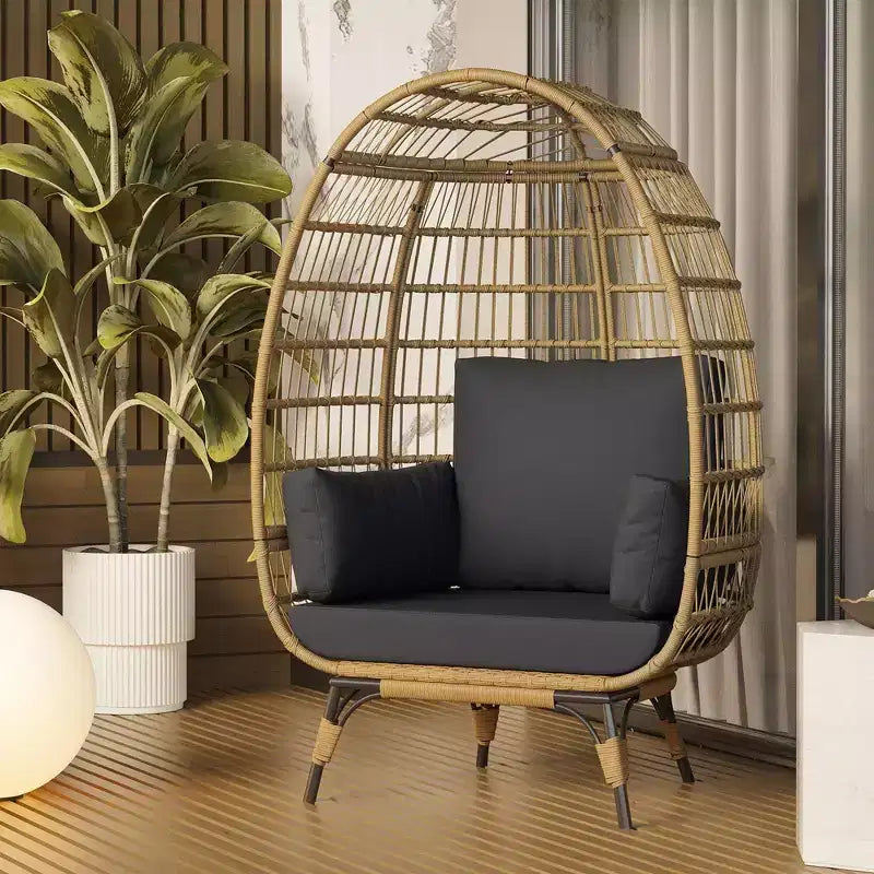 Sedia a Uovo in Rattan Marrone con Telaio in Acciaio Nero, Poltrona Lounge in Vimini per 2 Persone per Interni/Esterni