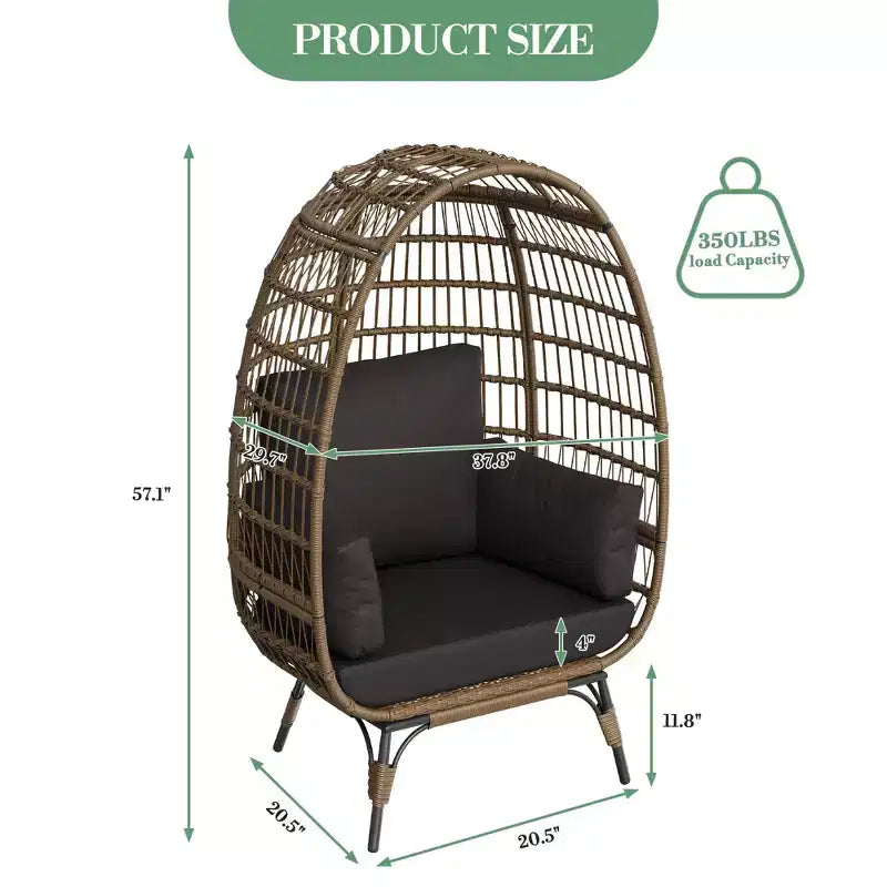Sedia a Uovo in Rattan Marrone con Telaio in Acciaio Nero, Poltrona Lounge in Vimini per 2 Persone per Interni/Esterni