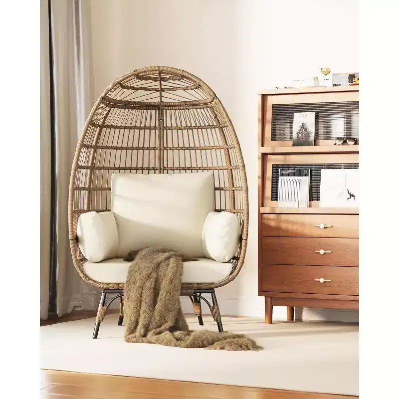 Sedia a Uovo in Rattan Marrone con Telaio in Acciaio Nero, Poltrona Lounge in Vimini per 2 Persone per Interni/Esterni