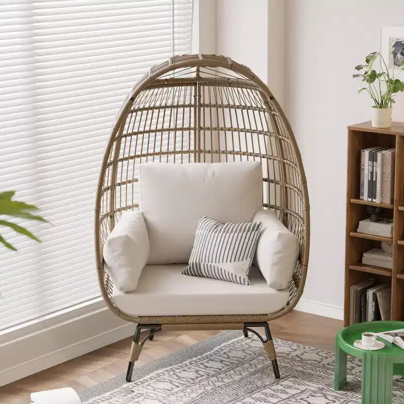 Sedia a Uovo in Rattan Marrone con Telaio in Acciaio Nero, Poltrona Lounge in Vimini per 2 Persone per Interni/Esterni