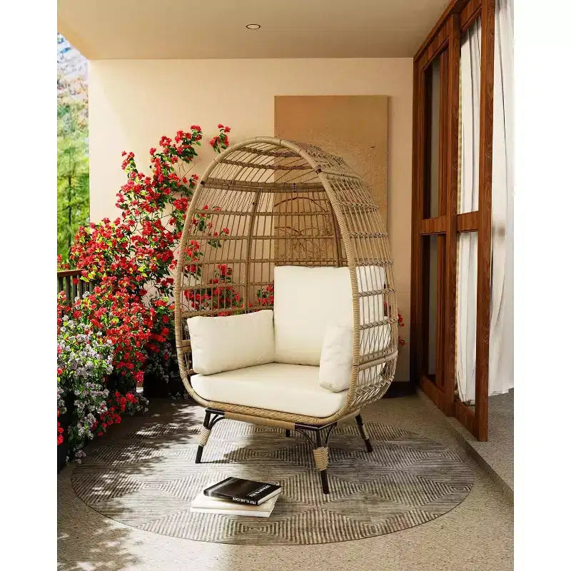 Sedia a Uovo in Rattan Marrone con Telaio in Acciaio Nero, Poltrona Lounge in Vimini per 2 Persone per Interni/Esterni