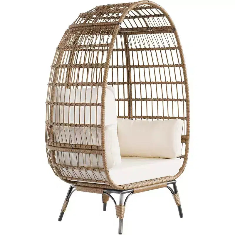 Sedia a Uovo in Rattan Marrone con Telaio in Acciaio Nero, Poltrona Lounge in Vimini per 2 Persone per Interni/Esterni