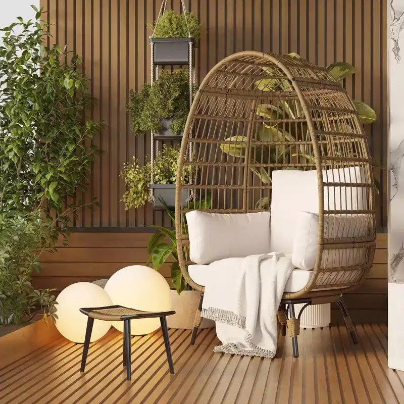 Sedia a Uovo in Rattan Marrone con Telaio in Acciaio Nero, Poltrona Lounge in Vimini per 2 Persone per Interni/Esterni