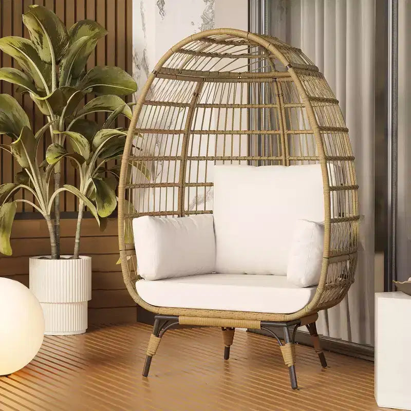 Sedia a Uovo in Rattan Marrone con Telaio in Acciaio Nero, Poltrona Lounge in Vimini per 2 Persone per Interni/Esterni