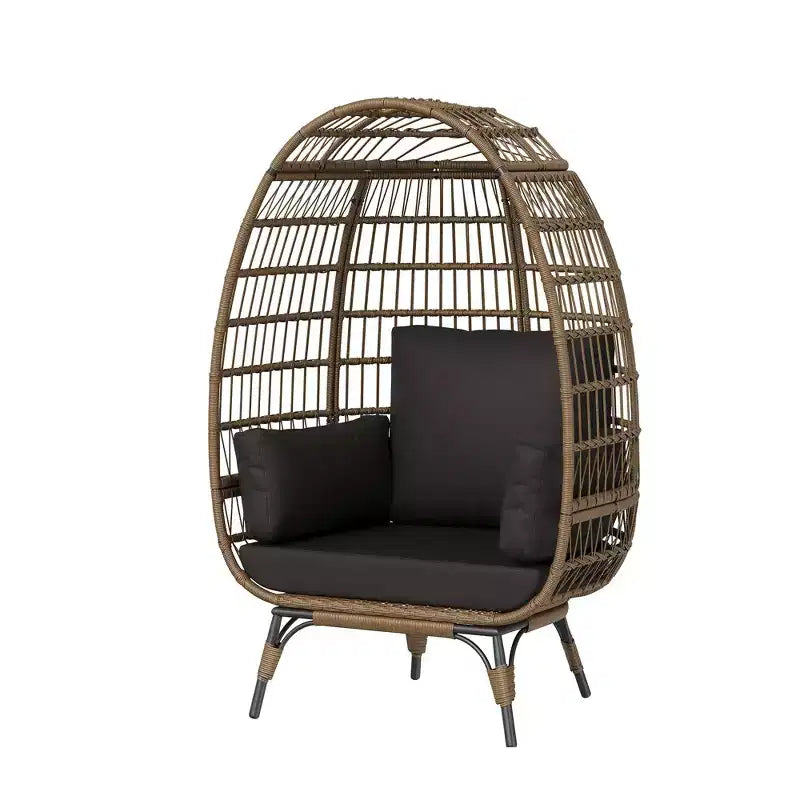 Sedia a Uovo in Rattan Marrone con Telaio in Acciaio Nero, Poltrona Lounge in Vimini per 2 Persone per Interni/Esterni