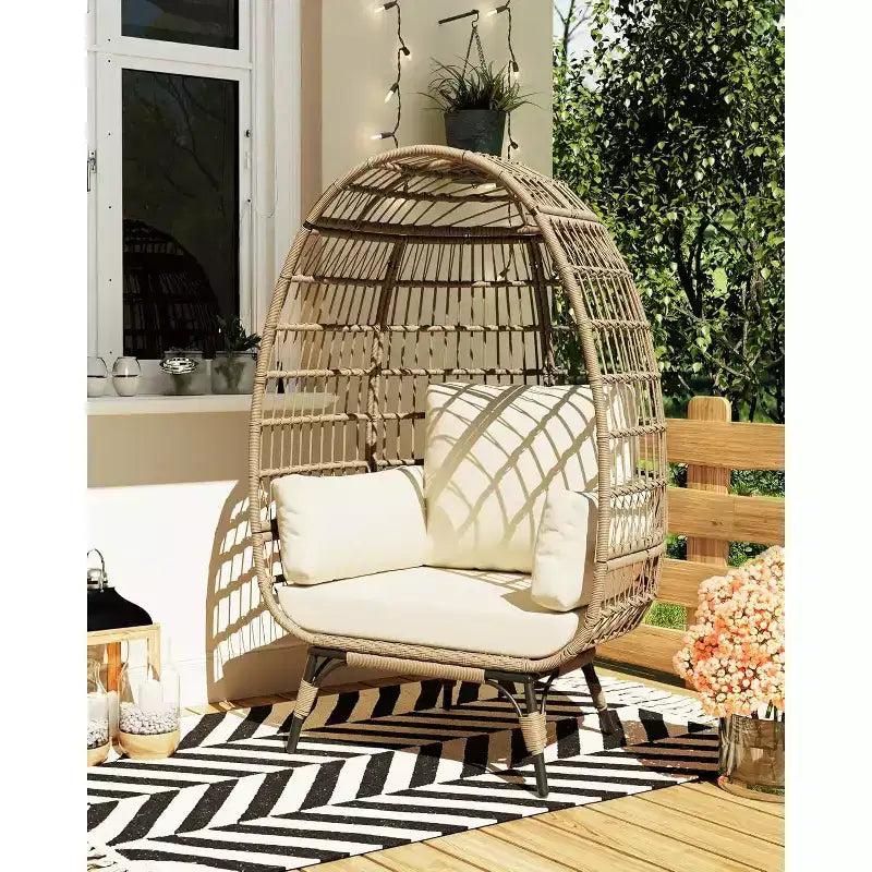 Sedia a Uovo in Rattan Marrone con Telaio in Acciaio Nero, Poltrona Lounge in Vimini per 2 Persone per Interni/Esterni