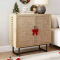 Wood and Rattan Storage Cabinet with Doors, 31.5 Wide 2-Tier Organizer Shelf, Freestanding Pantry Cabinet