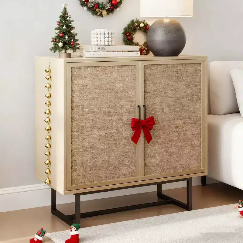 Wood and Rattan Storage Cabinet with Doors, 31.5 Wide 2-Tier Organizer Shelf, Freestanding Pantry Cabinet