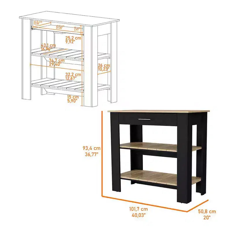 Isola da cucina da 40" con contenitore, nero – 2 ripiani e 1 cassetto, utente singolo
