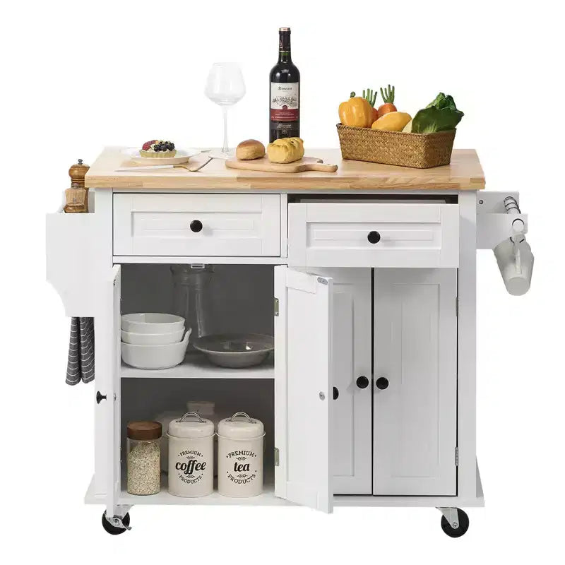 Okak Kitchen Island With Storage and Solid Wood Top, Kitchen Cart with Spice Rack and Towel Rack, Kitchen Island On Wheels for Dining Room, White