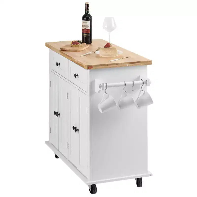 Carrello da cucina bianco con isola, contenitore, porta spezie e porta asciugamani, su ruote – Montaggio per 1 persona