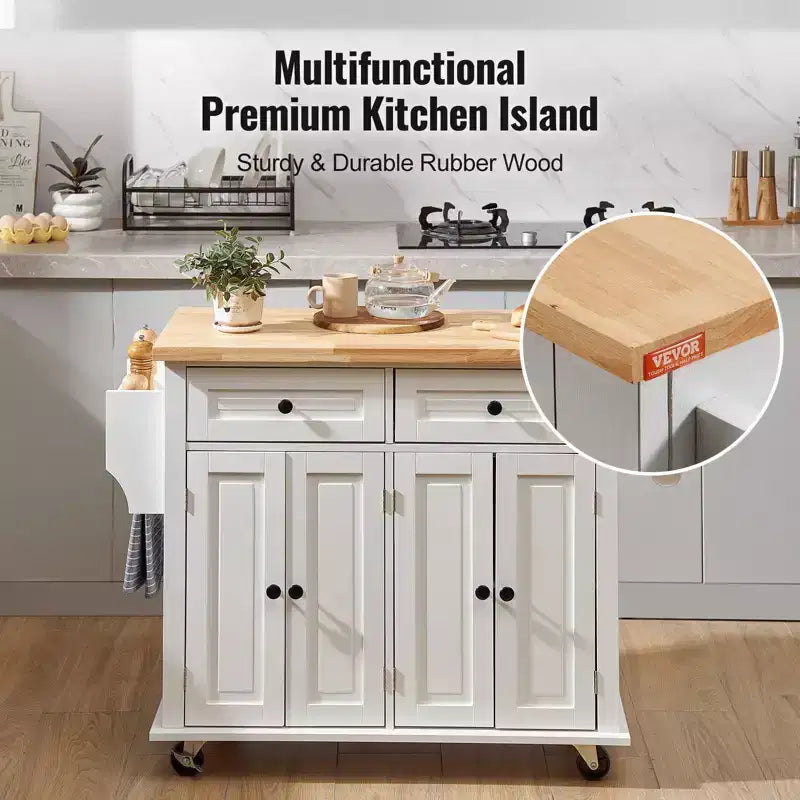 Carrello da cucina bianco con isola, contenitore, porta spezie e porta asciugamani, su ruote – Montaggio per 1 persona