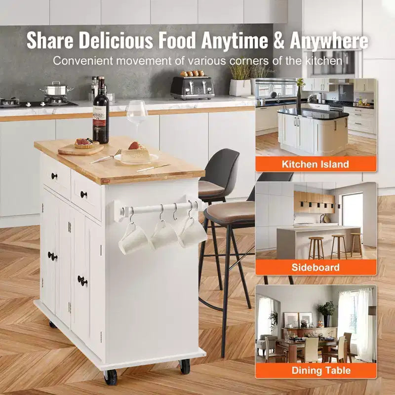 Carrello da cucina bianco con isola, contenitore, porta spezie e porta asciugamani, su ruote – Montaggio per 1 persona
