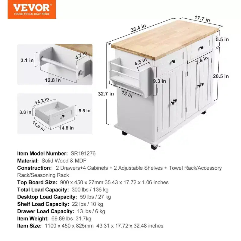 Carrello da cucina bianco con isola, contenitore, porta spezie e porta asciugamani, su ruote – Montaggio per 1 persona