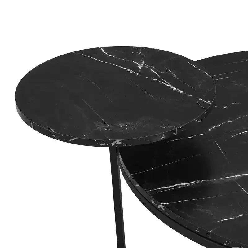 Tavolino Tondo con Finitura Nera Effetto Marmo, Base a Treppiede e 2 Ripiani, per 1