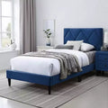 Royal Hampton Twin Bed, Tufted Navy Blue Velvet Upholstery, Diamond Stitch