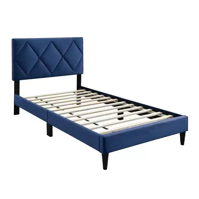 Letto singolo in velluto blu navy, testiera trapuntata a rombi, 1 persona
