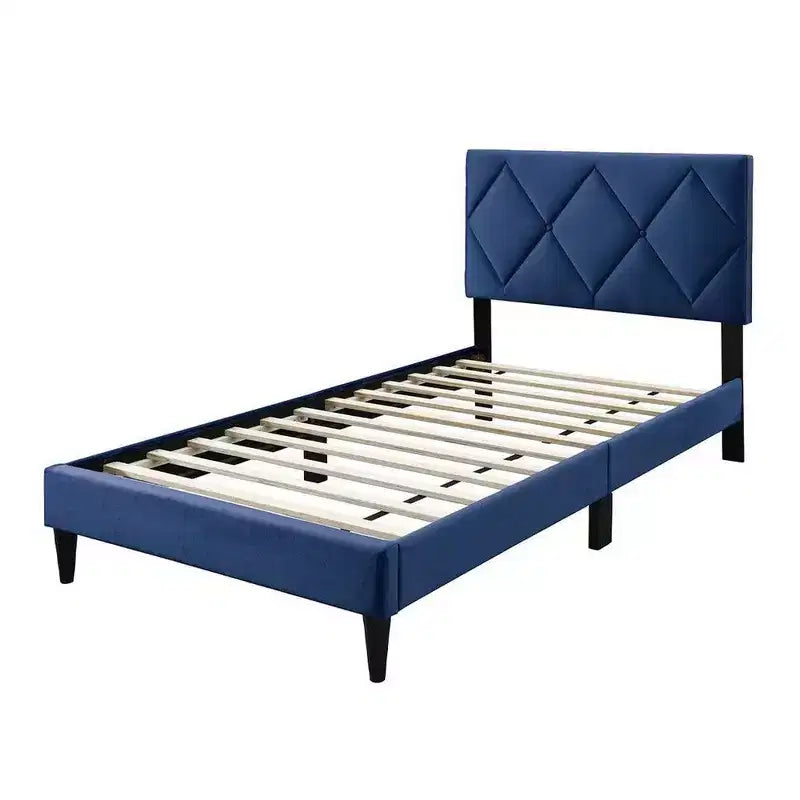 Letto singolo in velluto blu navy, testiera trapuntata a rombi, 1 persona